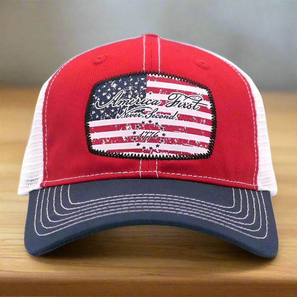 america first never second red ball cap