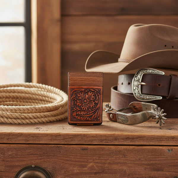 circle sh floral tooled leather money clip