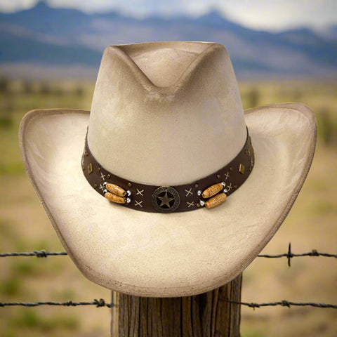 Beige & Buff Suede Finish Pinch Front Beaded Star Concho Western Hat