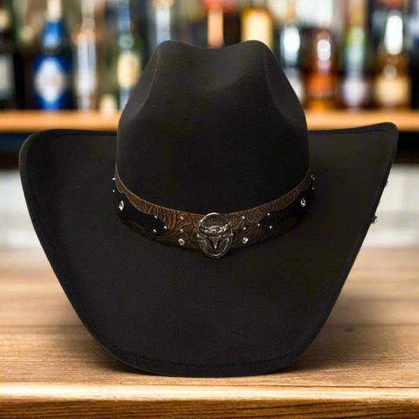 black suede finish steer skull and leather western hat