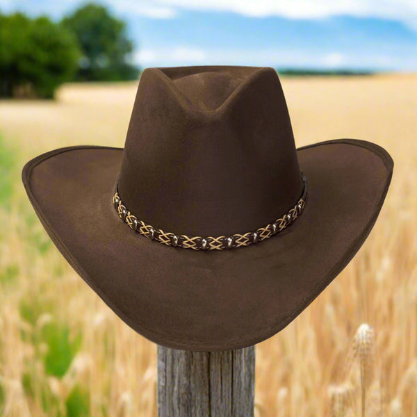 brown suede finish pinch front bead and rope western hat