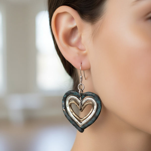 blue stone tri-color heart earrings