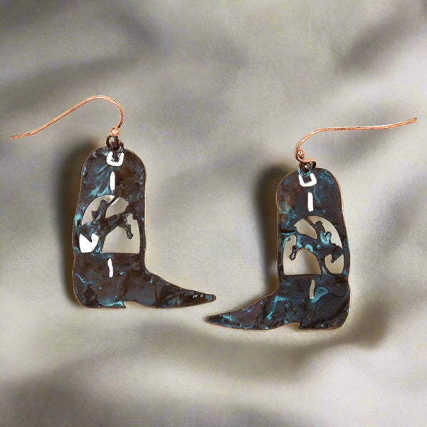 copper patina horse & boots french wire earrings