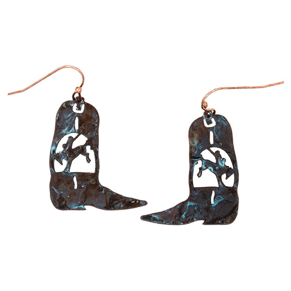 copper patina horse & boots french wire earrings
