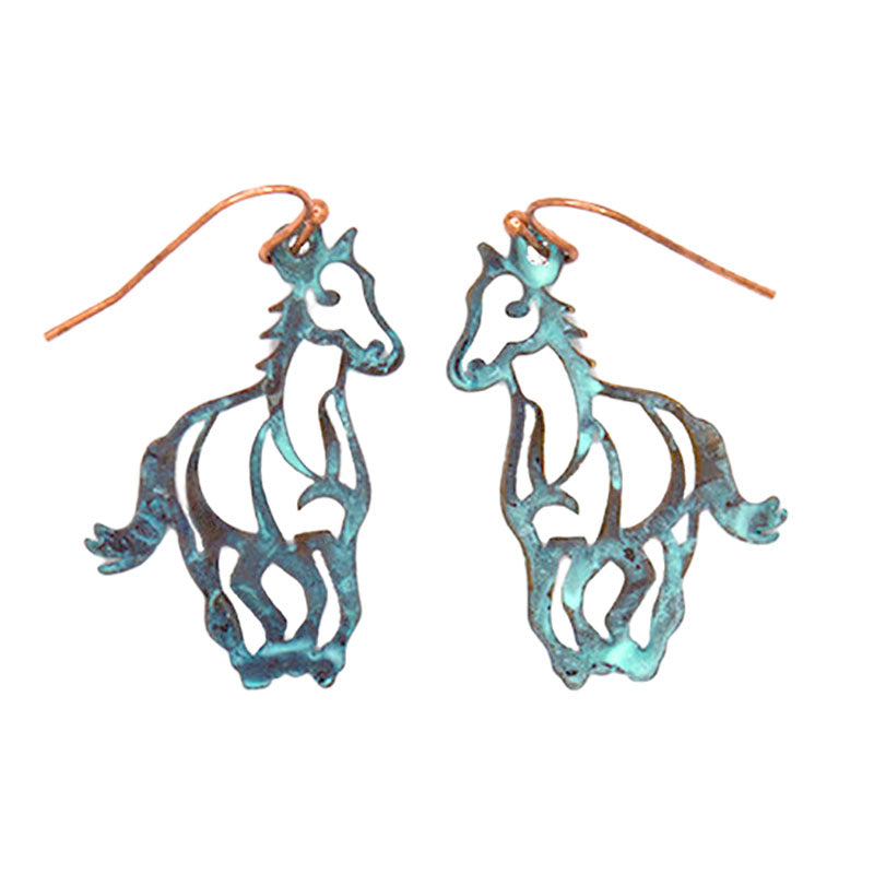 copper patina running horse french wire earrings