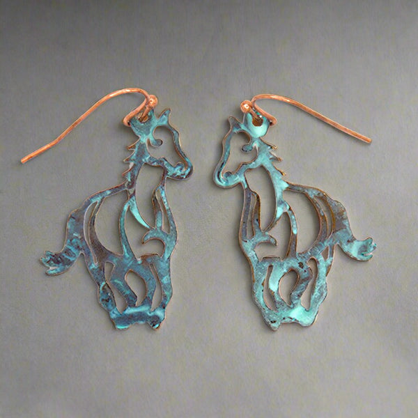 copper patina running horse french wire earrings