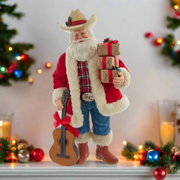 11 inch fabriche western santa with guitar figurine