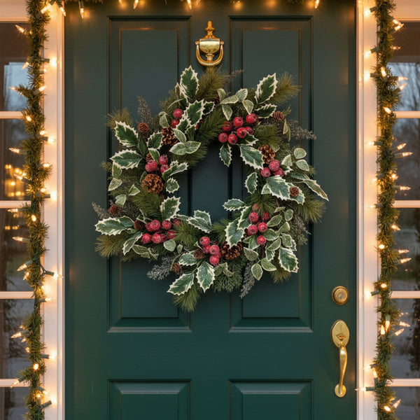 icy winterberry holly and pine wreath 24 inch