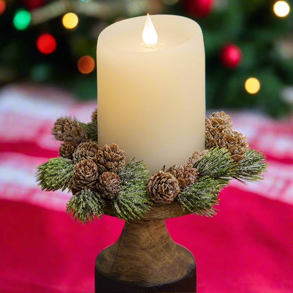 icy bristle pine boughs and pinecones candle ring 3.25 inch