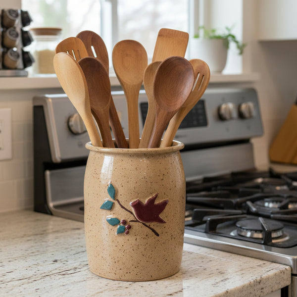 cardinal on branch ceramic utensil crock