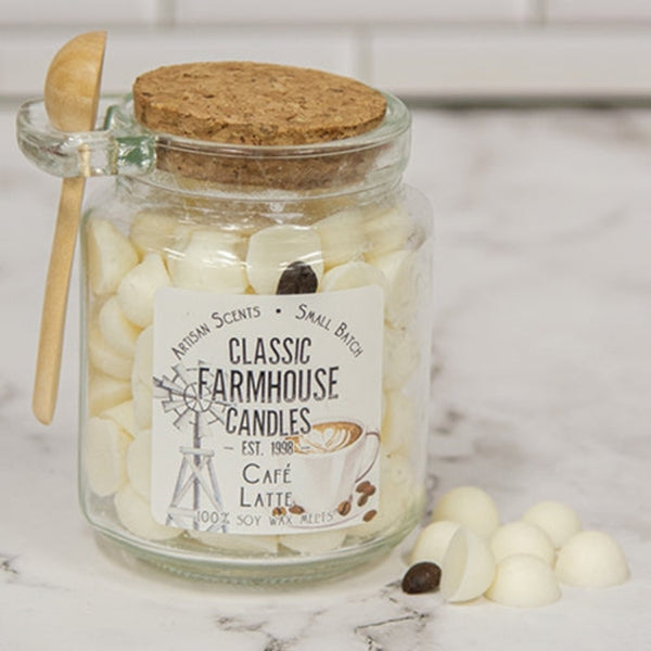 cafe latte gumdrop soy wax melts jar with spoon