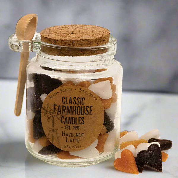 hazelnut latte gumdrop soy wax melts jar with spoon