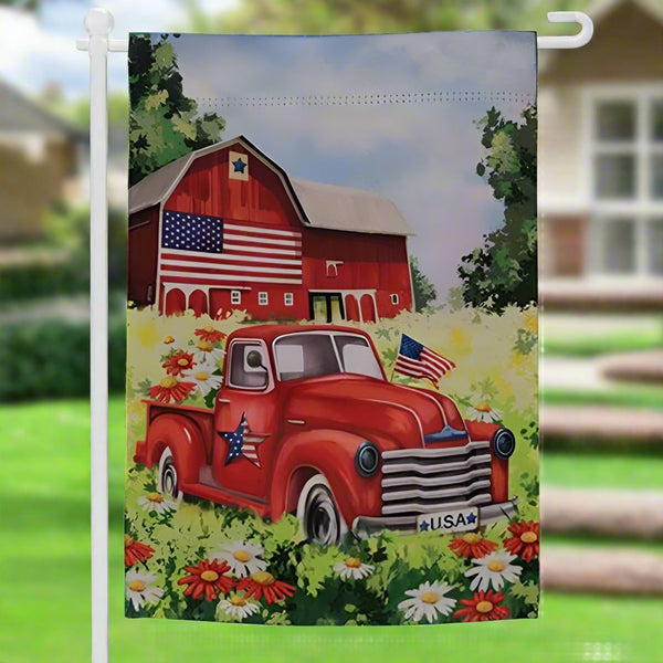 usa truck and barn garden flag