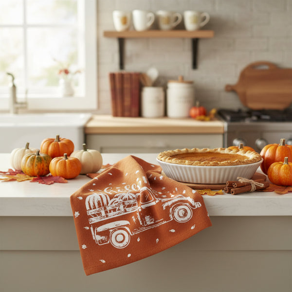 hello fall pumpkin truck kitchen dish towel
