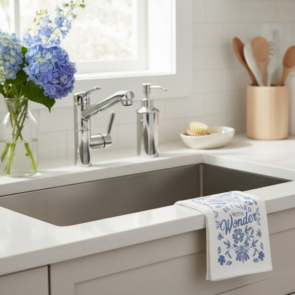 be filled with wonder blue floral dish towel