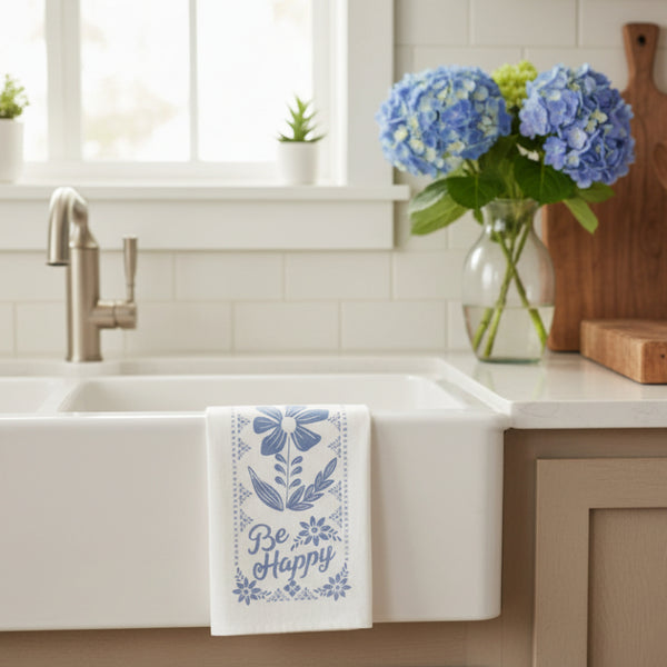 stay positive be happy blue floral dish towel