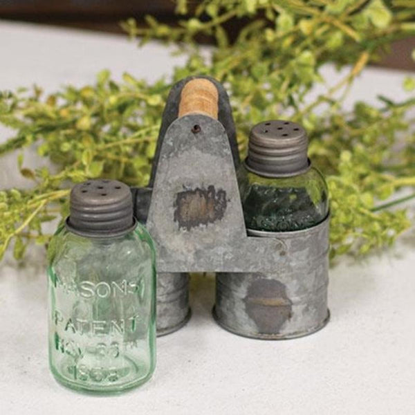 salt and pepper shakers with galvanized caddy