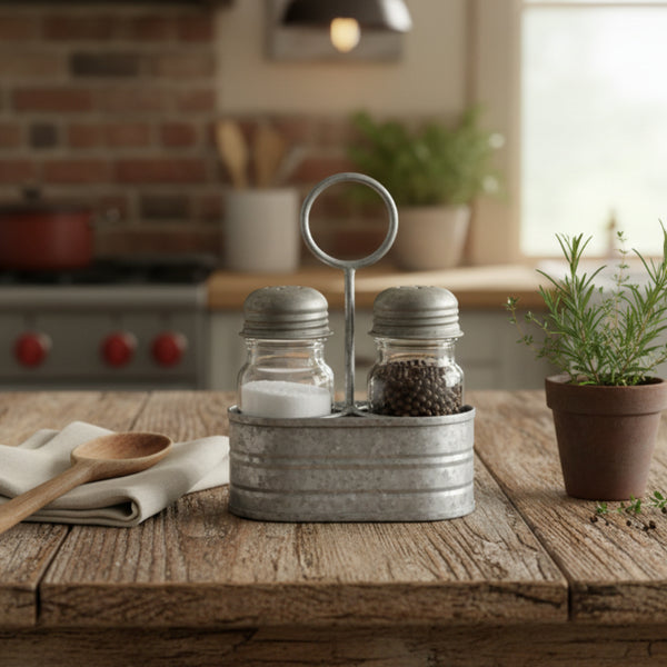 embossed salt and pepper shakers with galvanized caddy