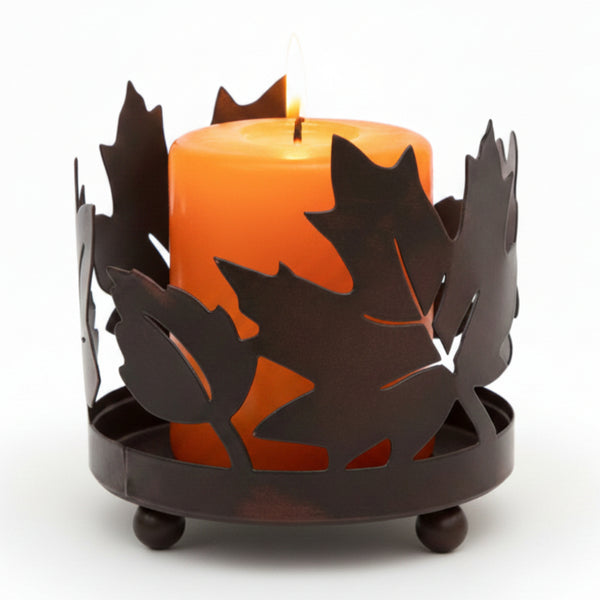 rusty finish metal fall leaves pillar candle holder