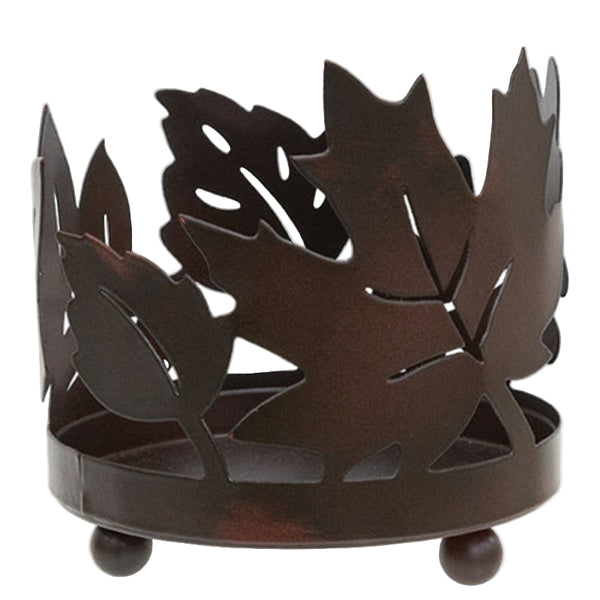 rusty finish metal fall leaves pillar candle holder