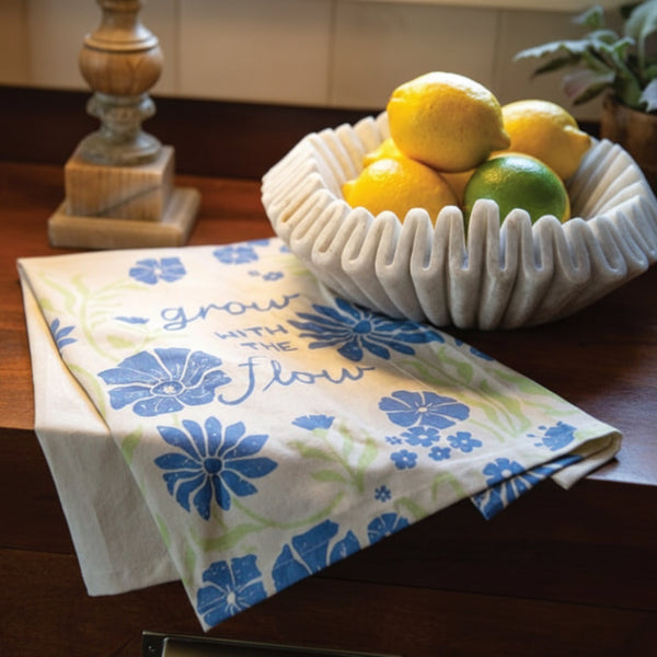 grow with the flow spring blue flower kitchen tea towel
