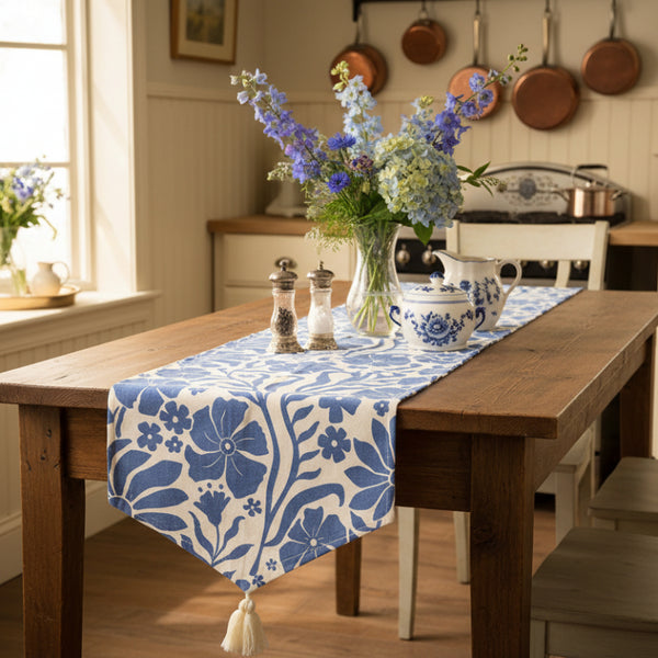 spring blue flower printed table runner