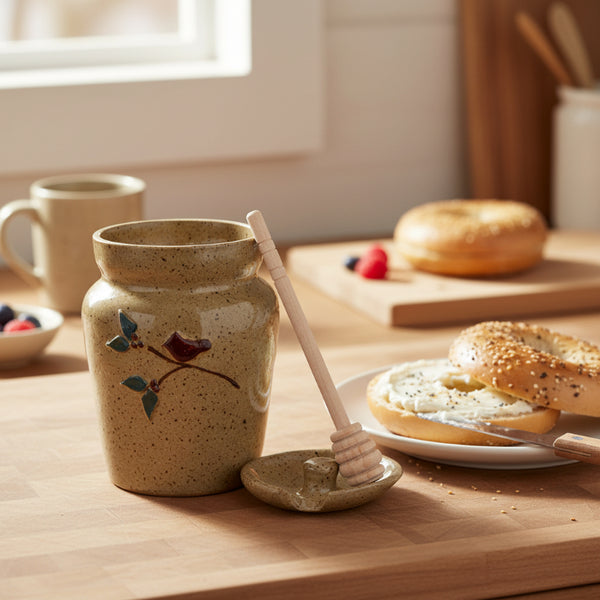 cardinal on brand ceramic honey pot with dipper