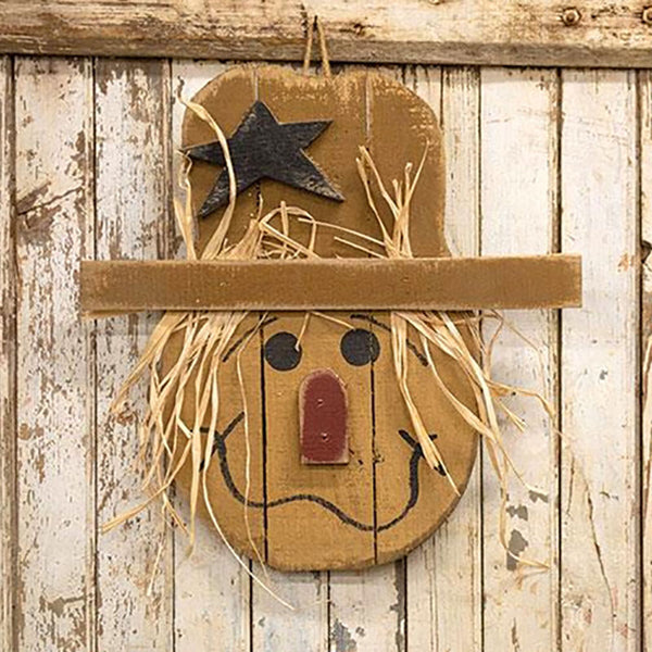 rustic wooden hanging happy scarecrow head plaque