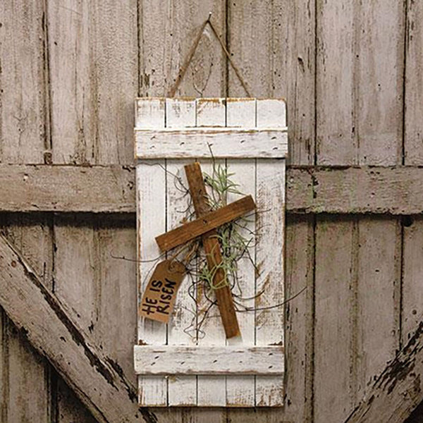 rustic he has risen shutter plaque