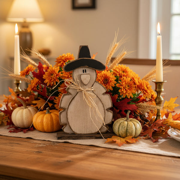 rustic wooden pilgrim turkey on base