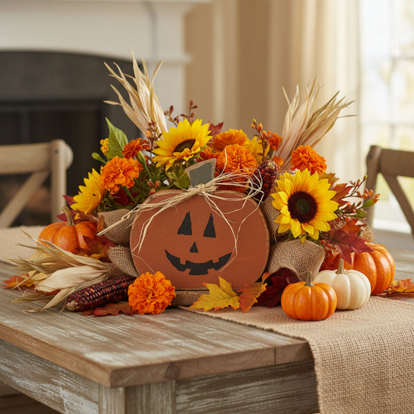 rustic wood jack-o-lantern planter