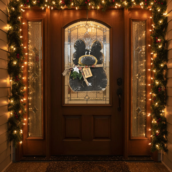 rustic wooden hanging happy winter black bear plaque