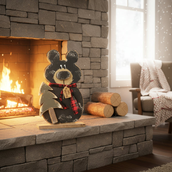 rustic wooden hello winter black bear with tree figurine