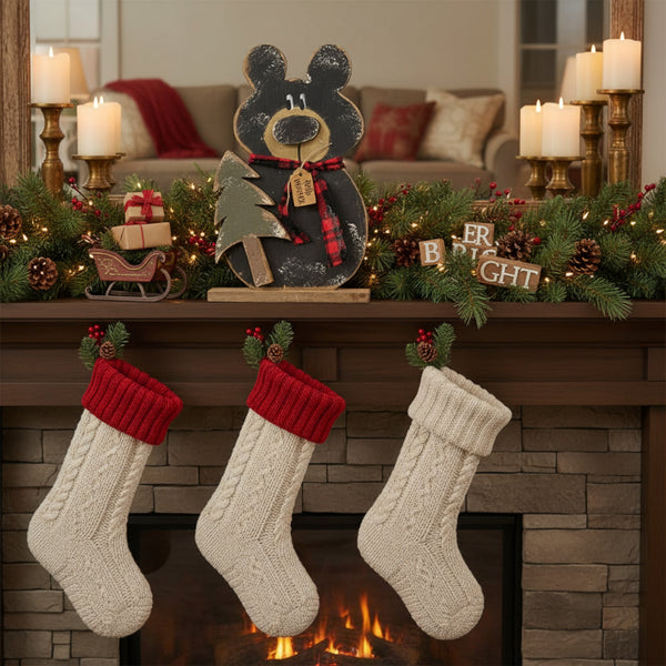 rustic wooden hello winter black bear with tree figurine