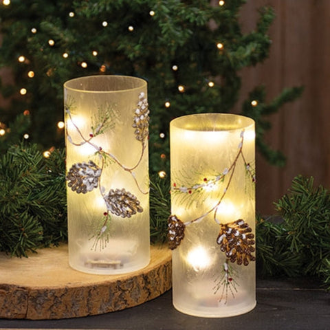 LED Frosted Pinecone Glass Pillar Candles