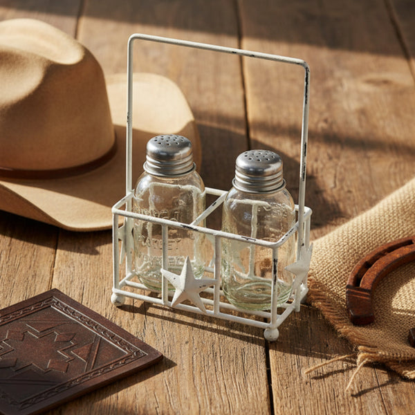 western star whitewash salt and pepper shakers with caddy