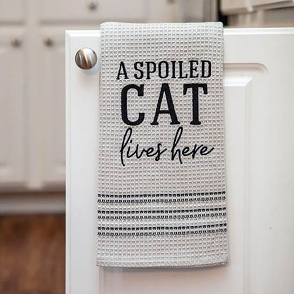 a spoiled cat lives here kitchen dish towel