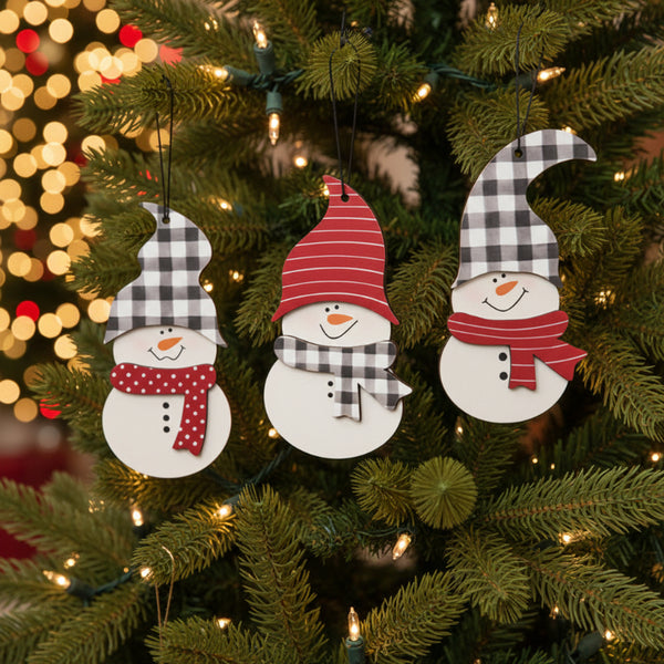wooden buffalo checks snowman ornaments set of 3