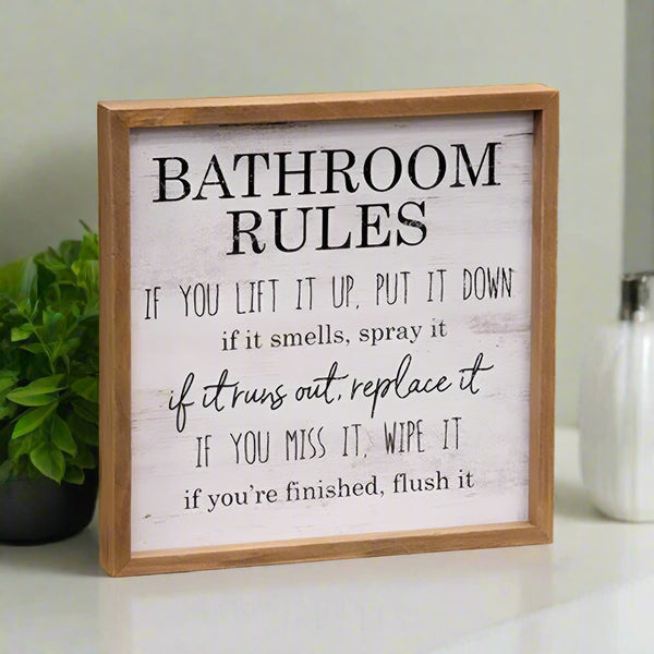 bathroom rules distressed framed sign