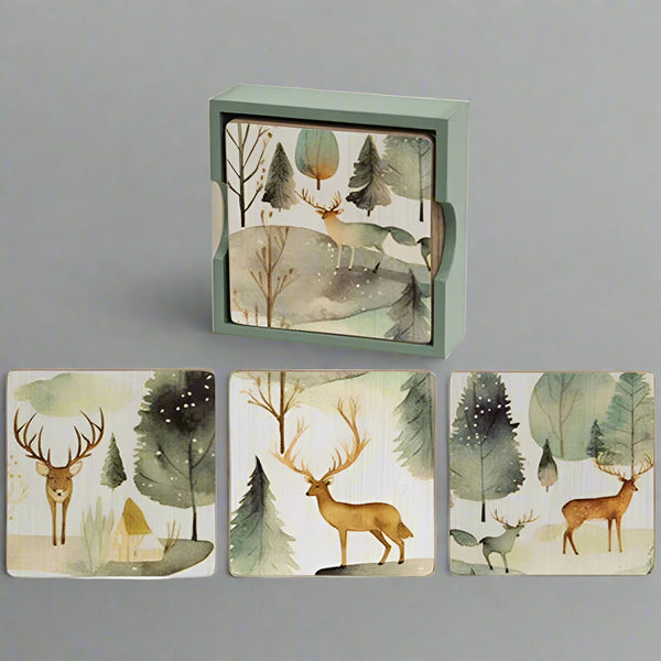 woodland forest deer watercolor coasters and holder