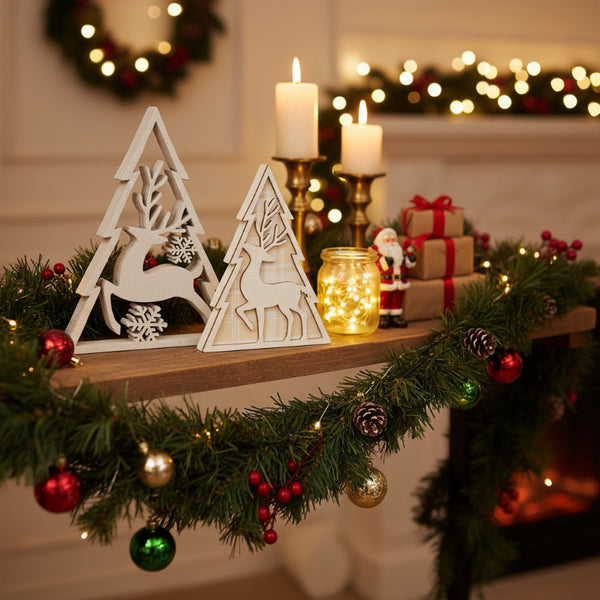 white glitter deer and christmas tree shelf sitters