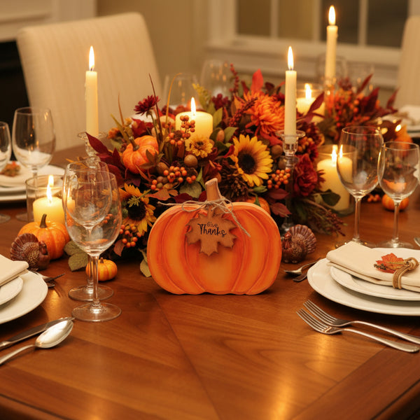 hand carved wooden give thanks pumpkin shelf sitter
