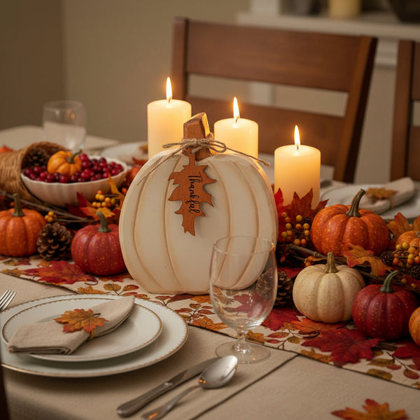hand carved ivory wooden thankful pumpkin shelf sitter