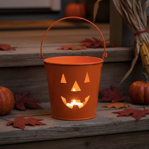 orange jack-o-lantern face metal bucket