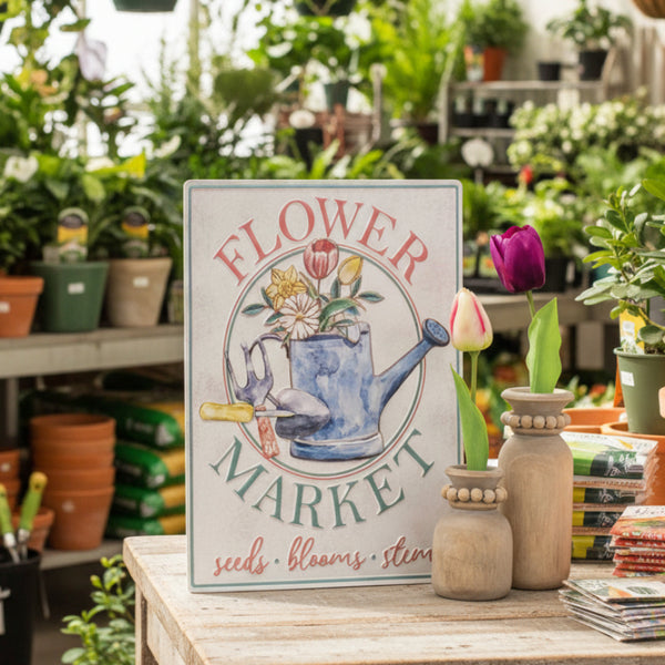 flower market seeds blooms stems metal sign