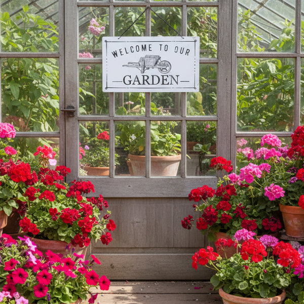 welcome to our garden metal sign