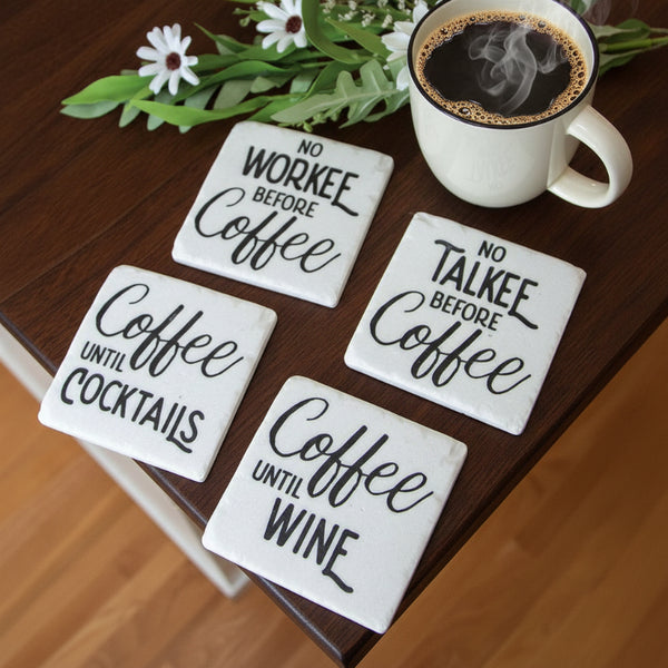 no talkee before coffee coasters set of 4