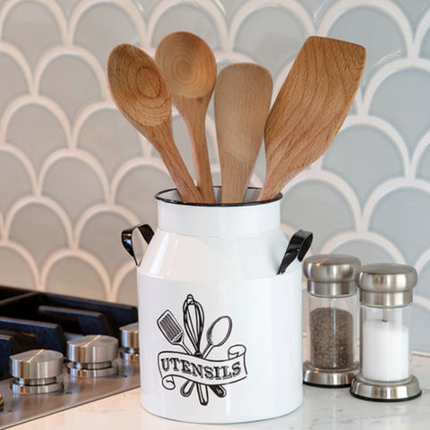 White Metal Milk Can Kitchen Utensils Holder