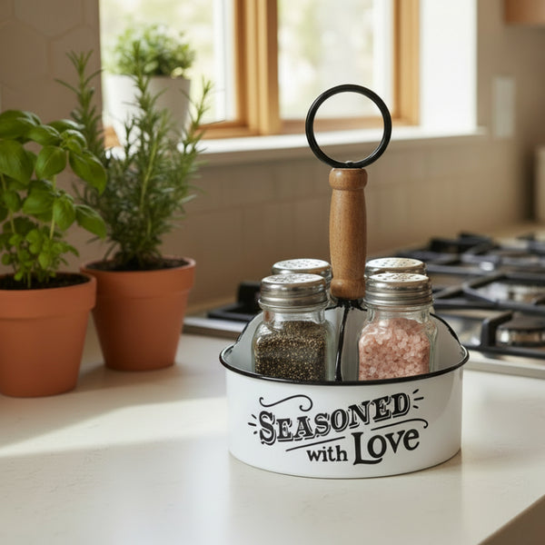 seasoned with love salt and pepper shakers with caddy