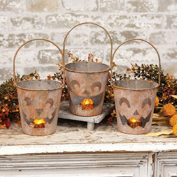 distressed metal jack-o-lantern luminary buckets